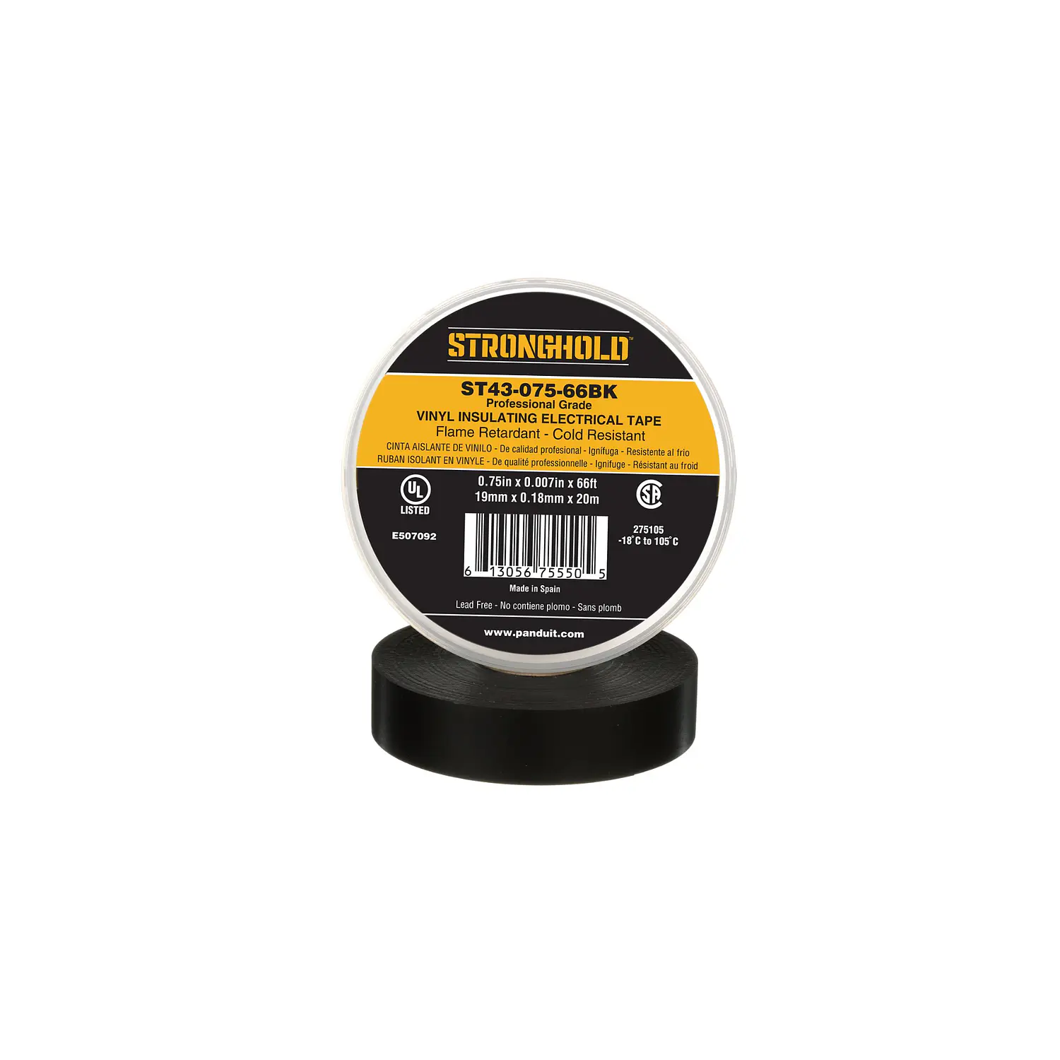Panduit StrongHold ST43-075-66BK Cinta Aislante PVC Negra Profesional, 0.75 x 66 ft, 7 mil 1