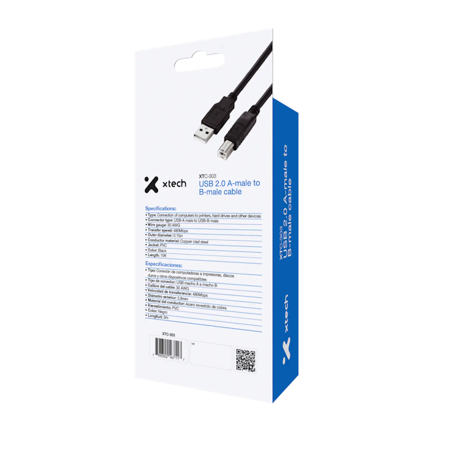 Xtech XTC-303, Cable USB 2.0 A Macho a B Macho, 3m, 480Mbps, Negro 2