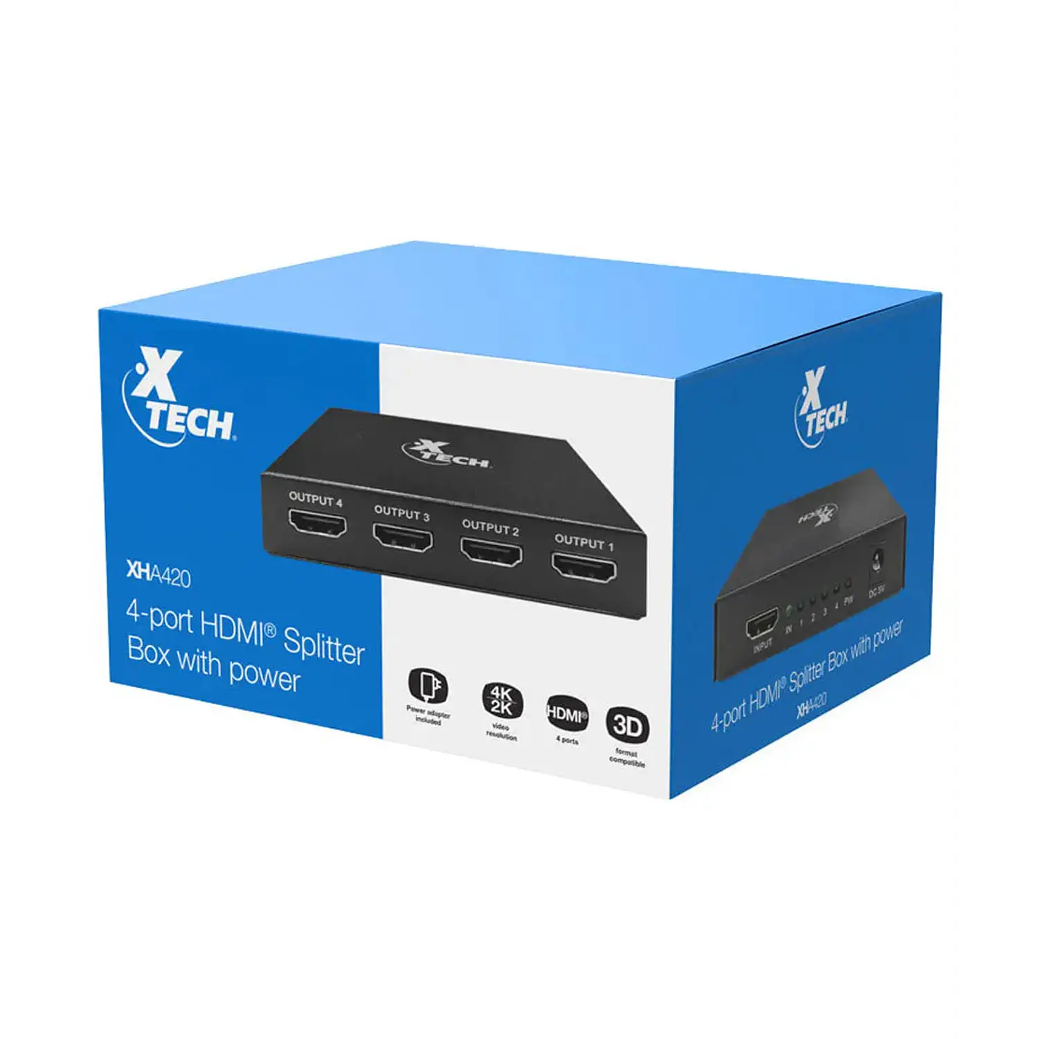 Xtech XHA-420, Splitter HDMI 1 Entrada a 4 Salidas, 4K 30Hz, 3D, con Adaptador 5