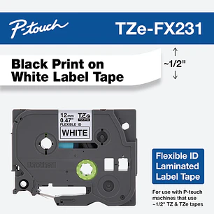 Brother TZe-FX231, Cinta Flexible ID Laminada, Negro sobre Blanco, 12 mm x 8 m