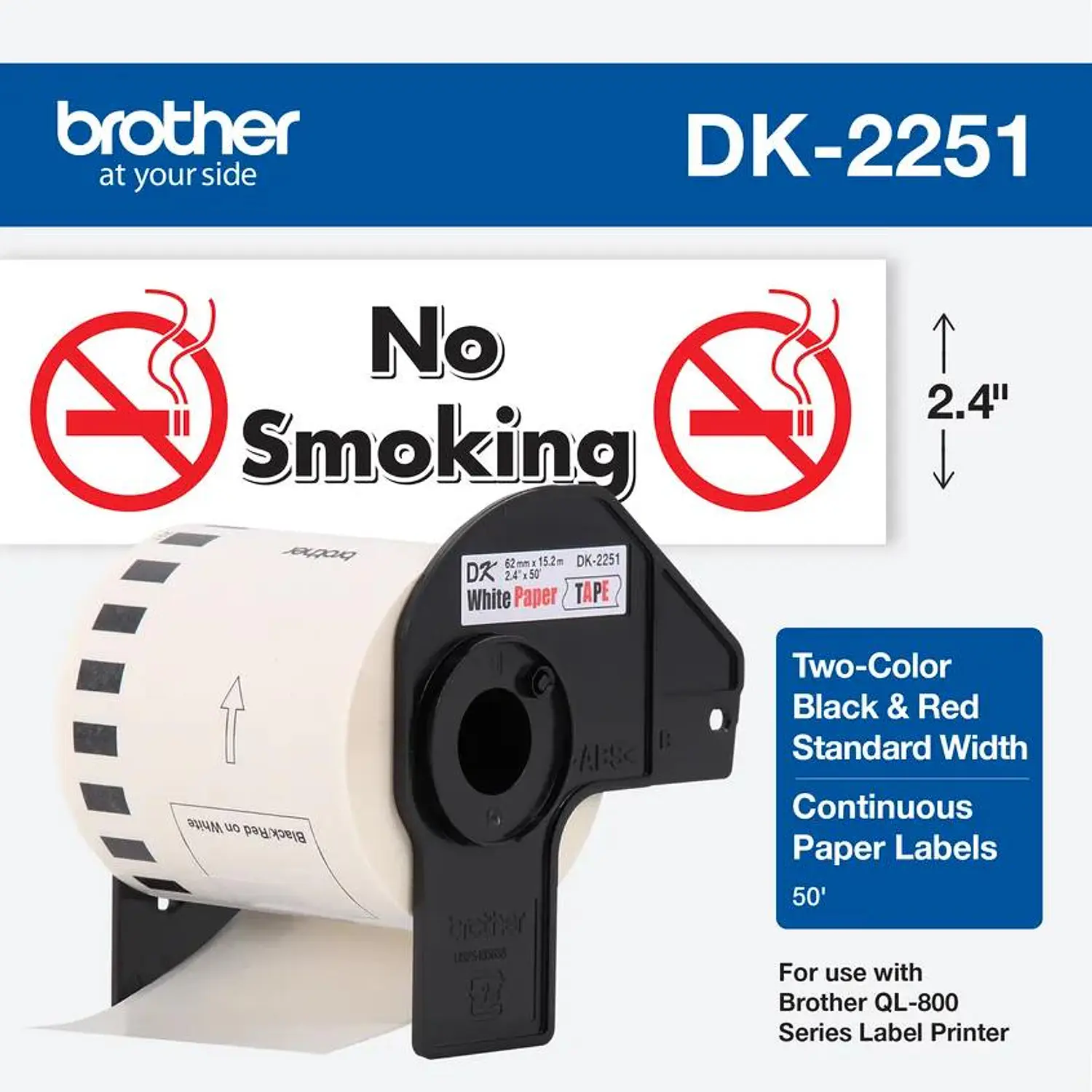 Brother DK-2251, Rollo Continuo Bicolor Negro/Rojo, 62 mm x 15.2 m, Blanco 1