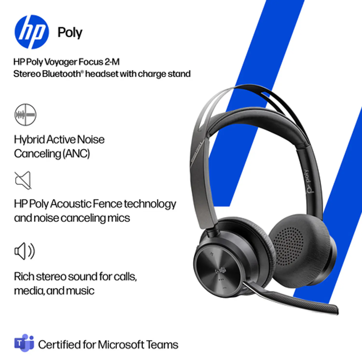 Poly Voyager Focus 2, Audífono Bluetooth, ANC, Microsoft Teams, USB-C/A, Base de Carga 12