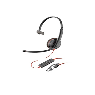 Poly Blackwire 3210, Audífono Monoaural Cableado USB-C, Micrófono, Adaptador USB-A, Negro