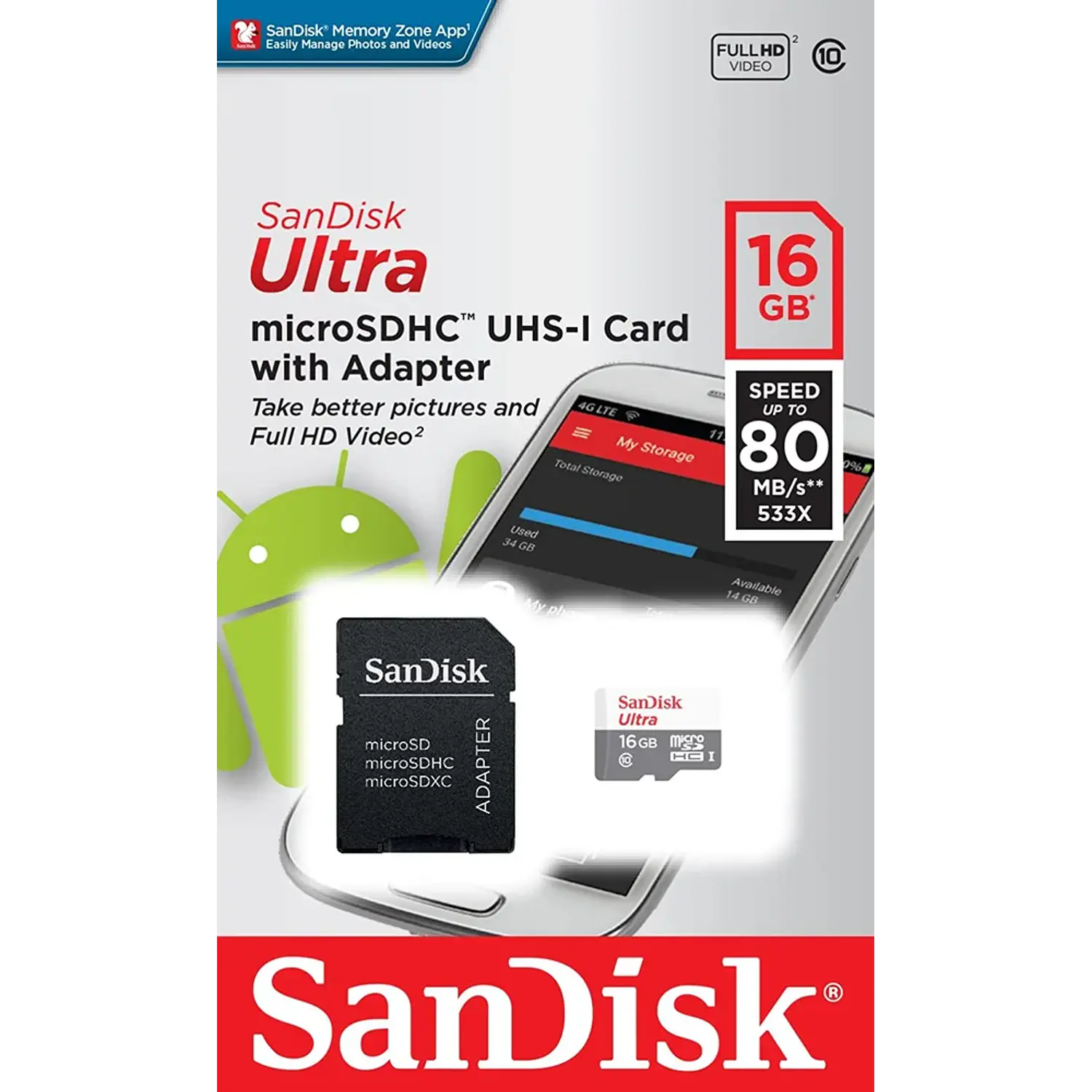 SanDisk Ultra SDSQUNS-016G-GN3MA, microSDHC 16GB, UHS-I, Clase 10, 80MBs, Adaptador SD 2