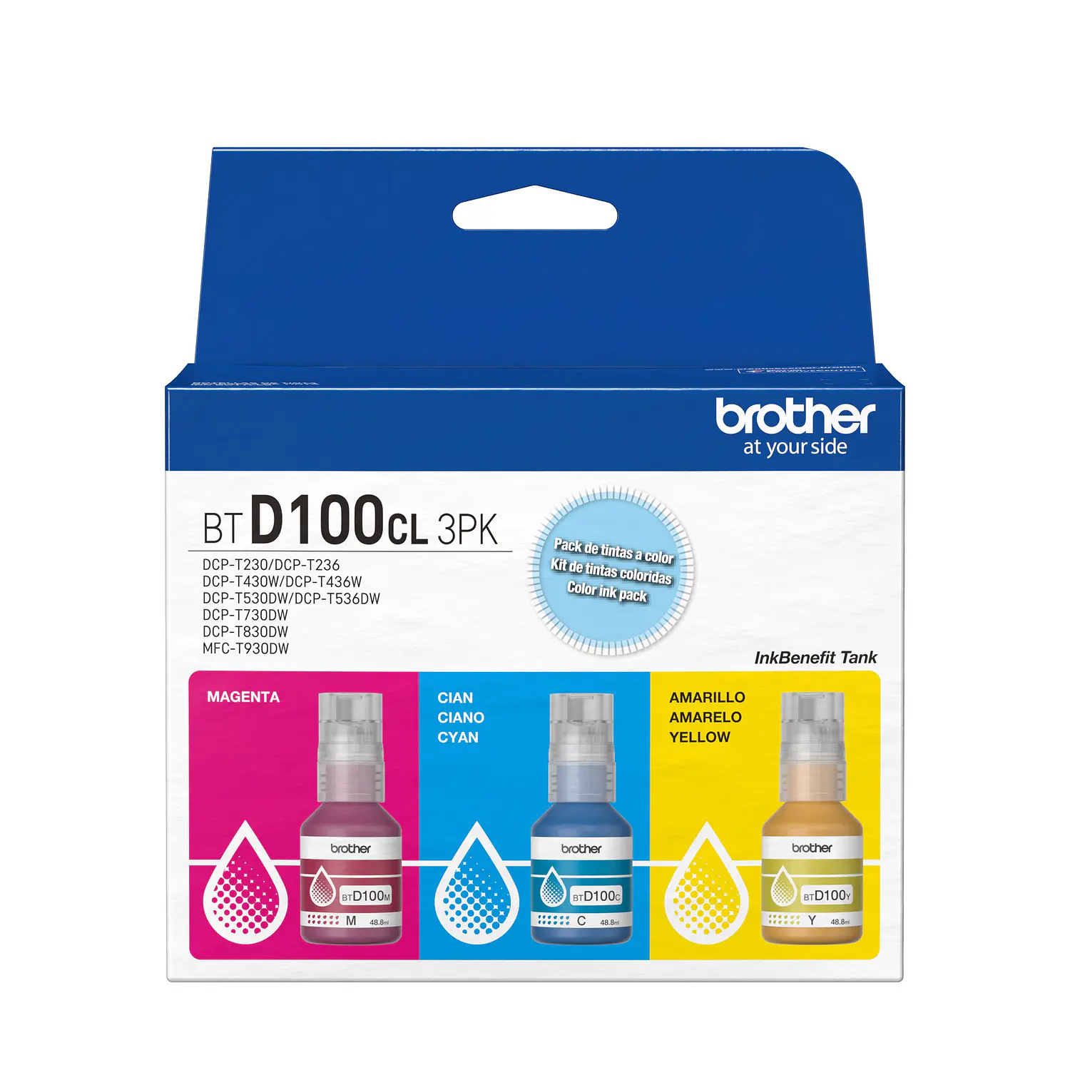 Brother BTD100CL3PK Pack 3 Botellas de Tinta Cian, Magenta y Amarillo, Hasta 5.000 Páginas 1