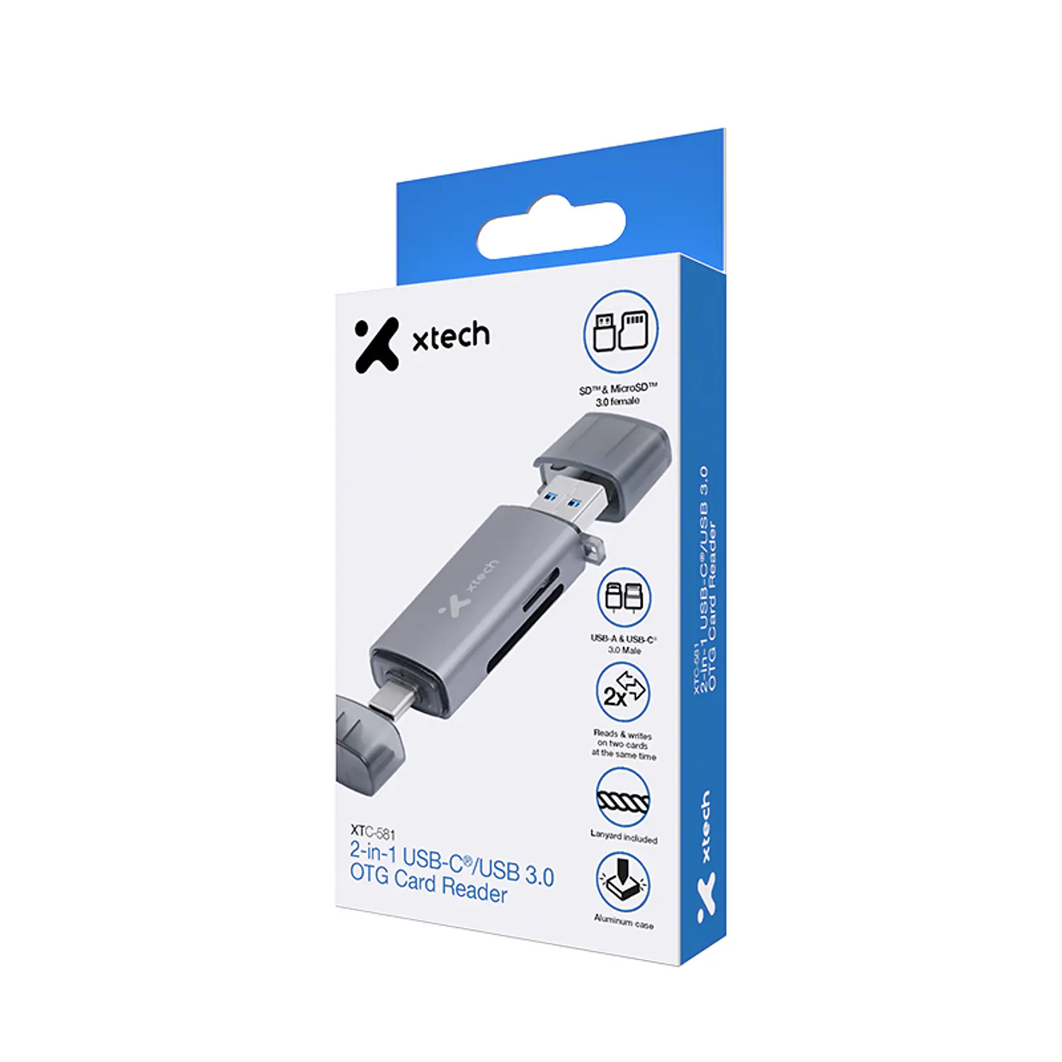 Xtech XTC-581, Lector de Tarjetas SD y microSD, USB-C/USB-A 3.0, 5Gbps, OTG 2