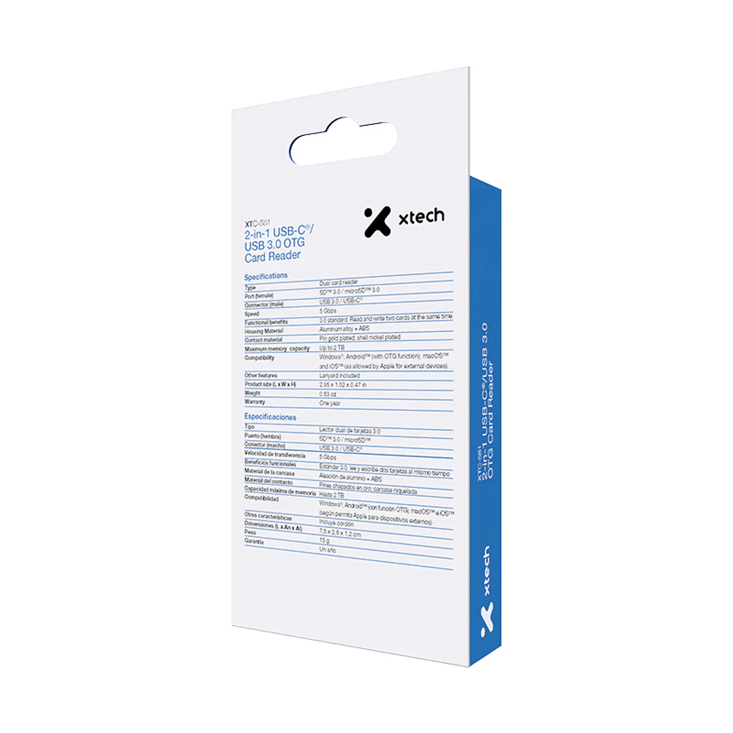 Xtech XTC-581, Lector de Tarjetas SD y microSD, USB-C/USB-A 3.0, 5Gbps, OTG 3