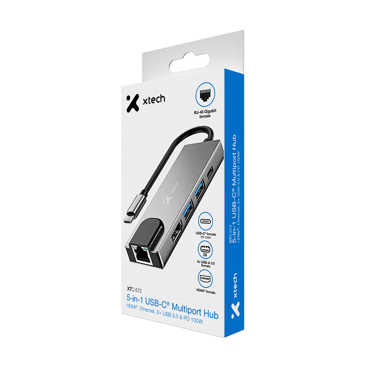 Xtech XTC-572 Hub USB-C 5 en 1, HDMI 4K, Gigabit, 2 USB 3.0, PD 100W, Gris 2