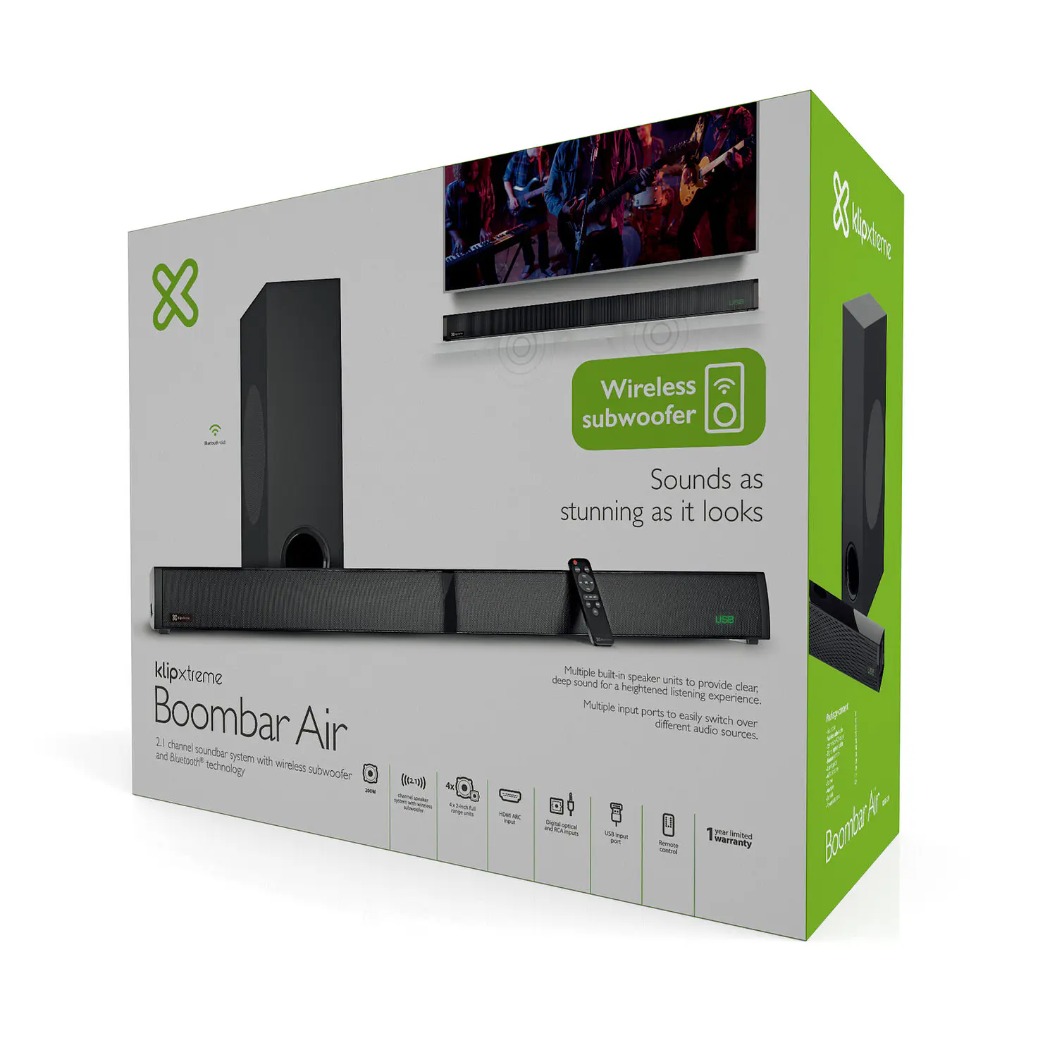 Klip Xtreme BoomBar Air KSB-301, Barra de Sonido 2.1 200W con Subwoofer Inalámbrico 5
