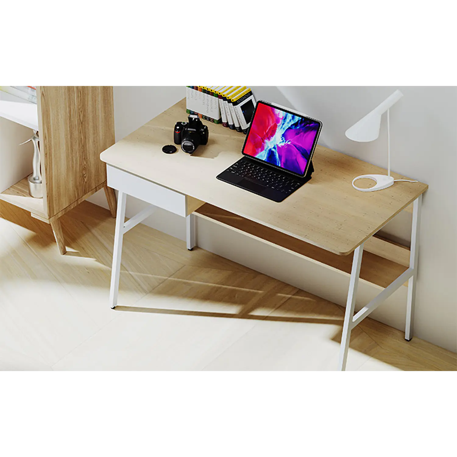 Xtech XTF-CD207, Escritorio 120x60x76 cm, Gaveta, Estante, Marco de Acero, 40 kg, Roble/Blanco 6