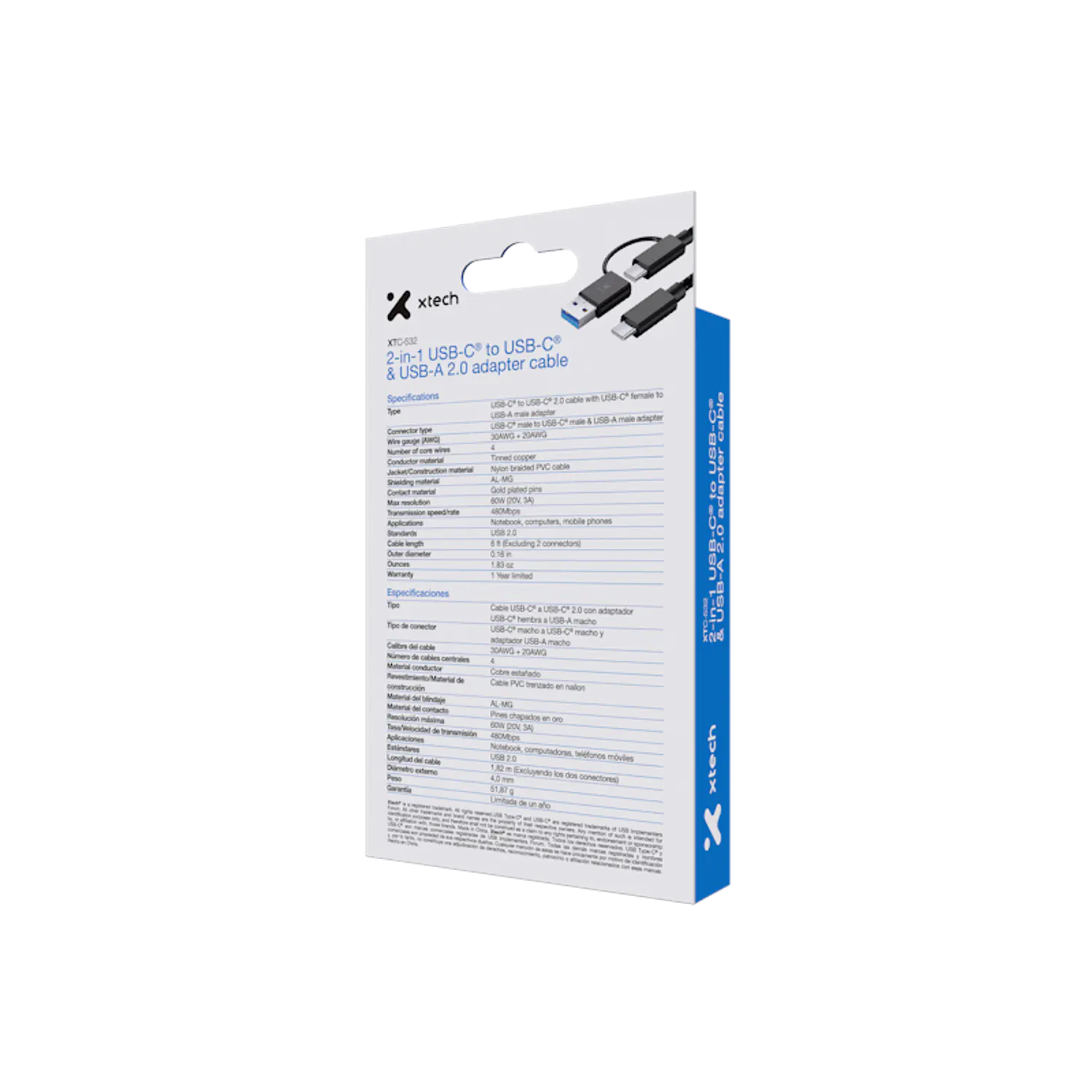 Xtech XTC-532, Cable USB-C 2 en 1 con Adaptador USB-A, 1,82 m, 60W, 480 Mbps 3