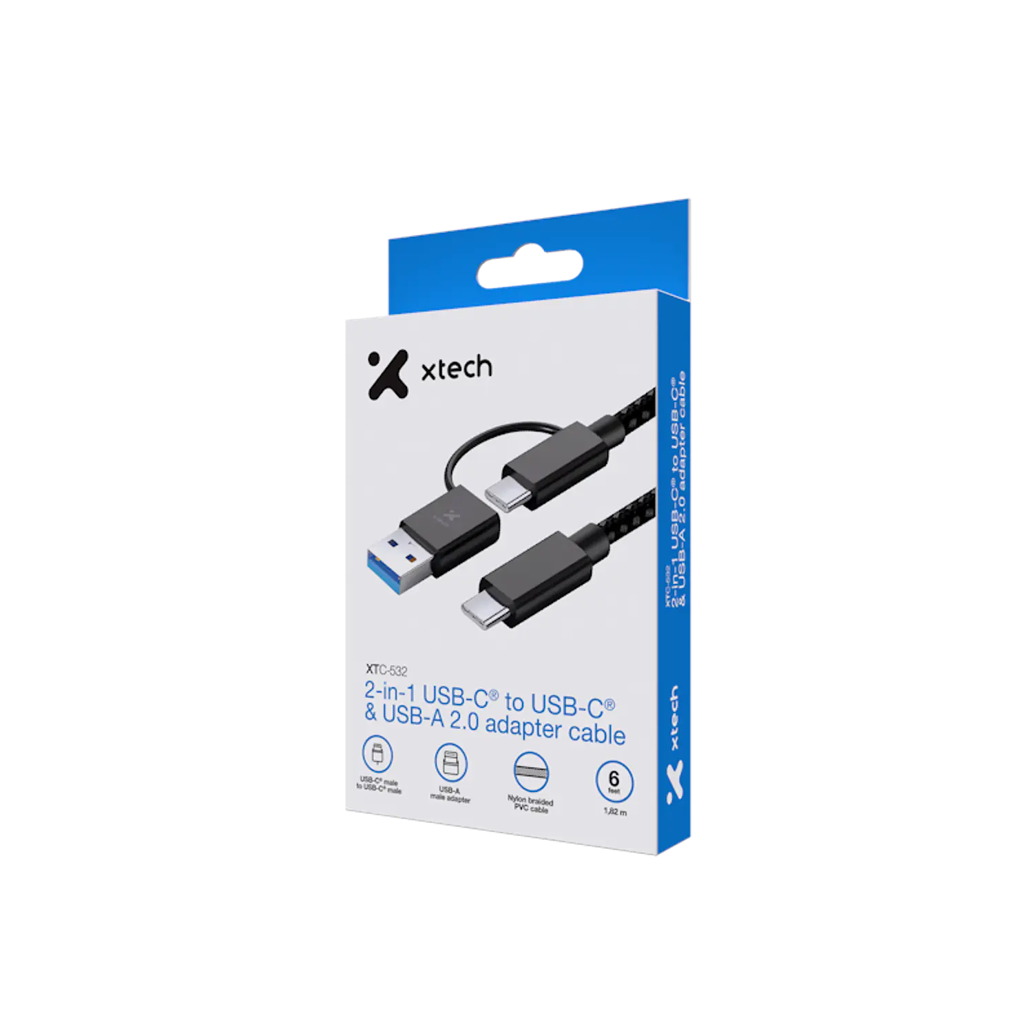 Xtech XTC-532, Cable USB-C 2 en 1 con Adaptador USB-A, 1,82 m, 60W, 480 Mbps 2