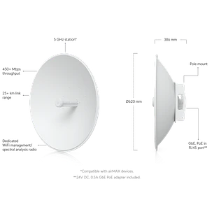 Ubiquiti PBE-5AC-620, Antena Bridge airMAX 5GHz, 29dBi, 450+ Mbps, Gigabit, PoE 24V, Blanco