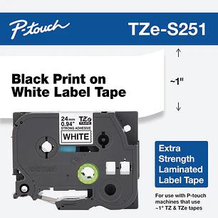 Brother TZe-S251, Cinta P-touch Extra Adhesiva 24mm x 8m, Negro sobre Blanco