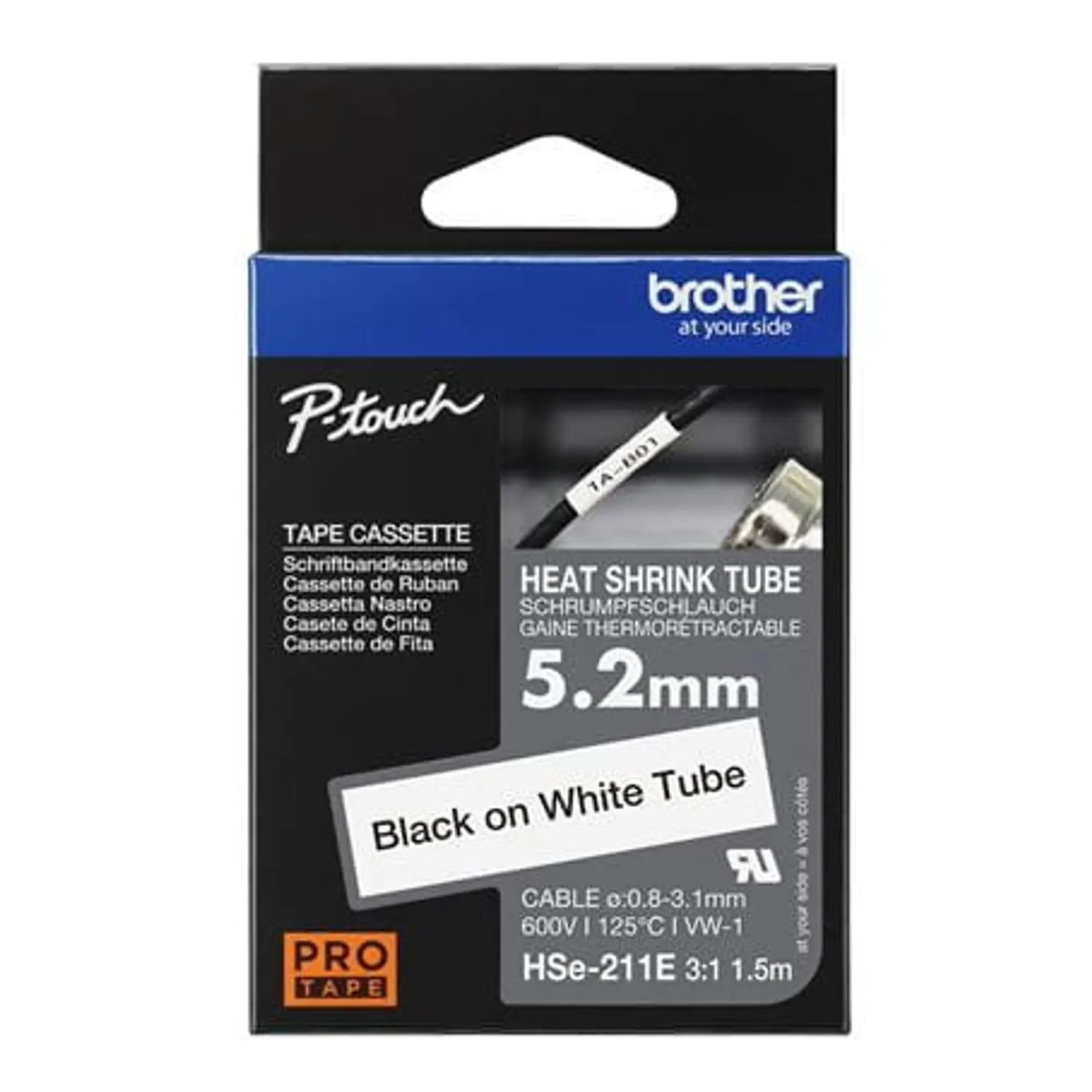 Brother HSe-211E, Tubo Termorretráctil 5.2mm x 1.5m, Negro sobre Blanco, 3:1 3