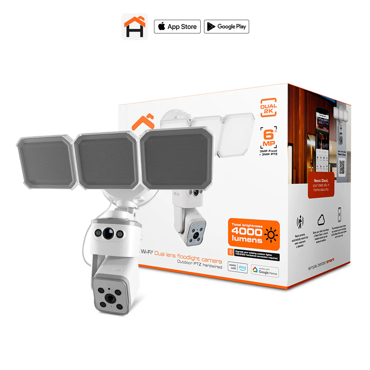Nexxt Home NHC-FP50DL, Cámara Wi-Fi Doble Lente 2K, PTZ, Reflector 4000 lm, IP65, Blanco 1