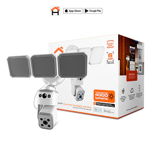 Nexxt Home NHC-FP50DL, Cámara Wi-Fi Doble Lente 2K, PTZ, Reflector 4000 lm, IP65, Blanco