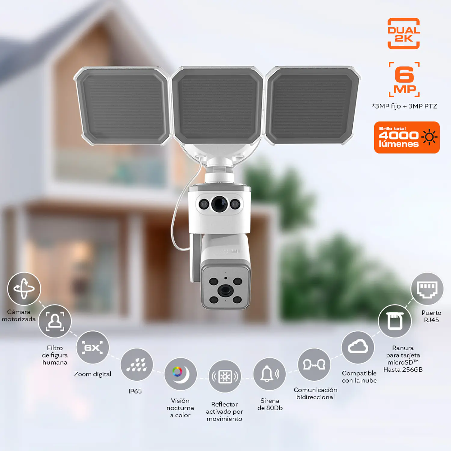 Nexxt Home NHC-FP50DL, Cámara Wi-Fi Doble Lente 2K, PTZ, Reflector 4000 lm, IP65, Blanco 2