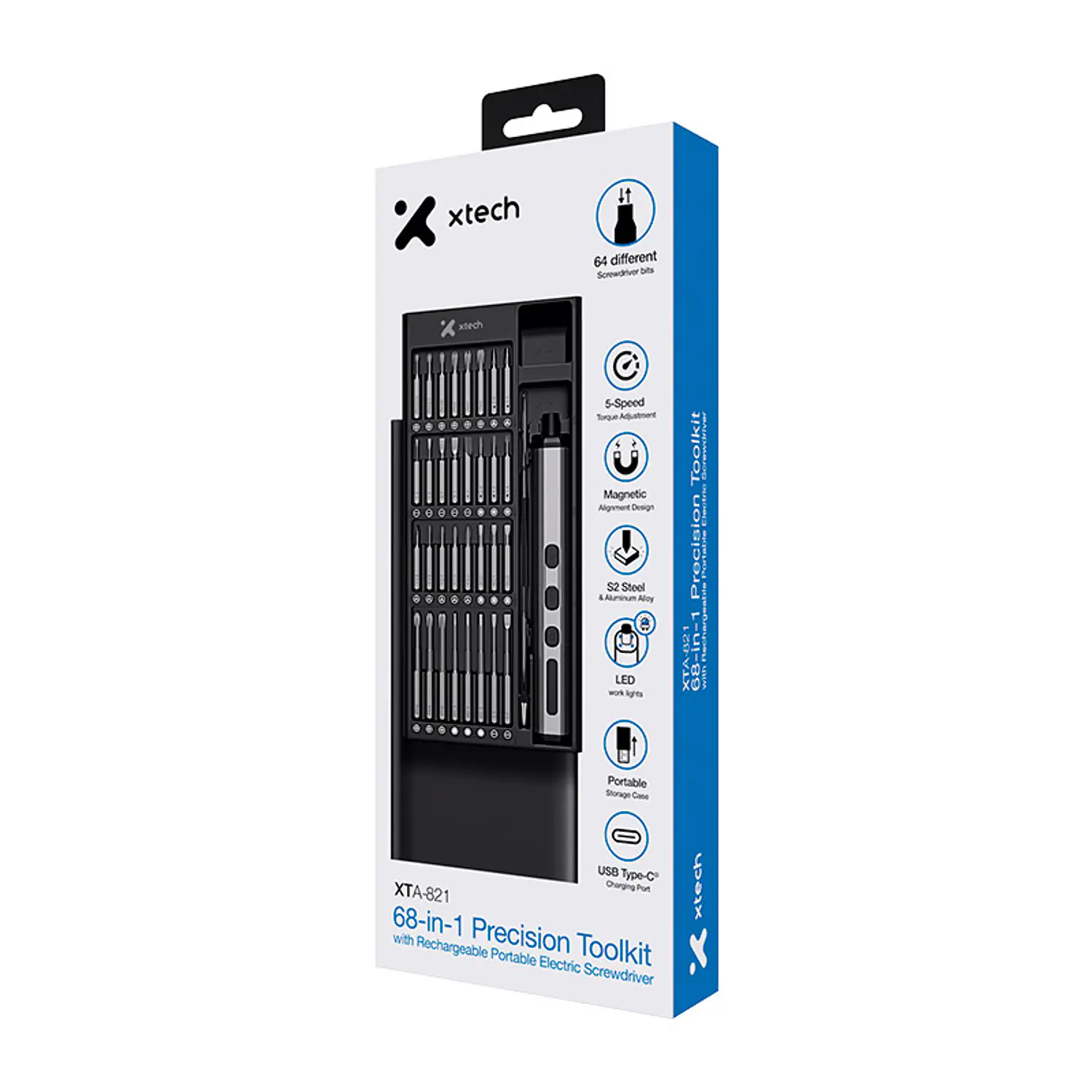 Xtech XTA-821, Kit Destornillador Eléctrico de Precisión 68 en 1, 64 Puntas S2, USB-C 4