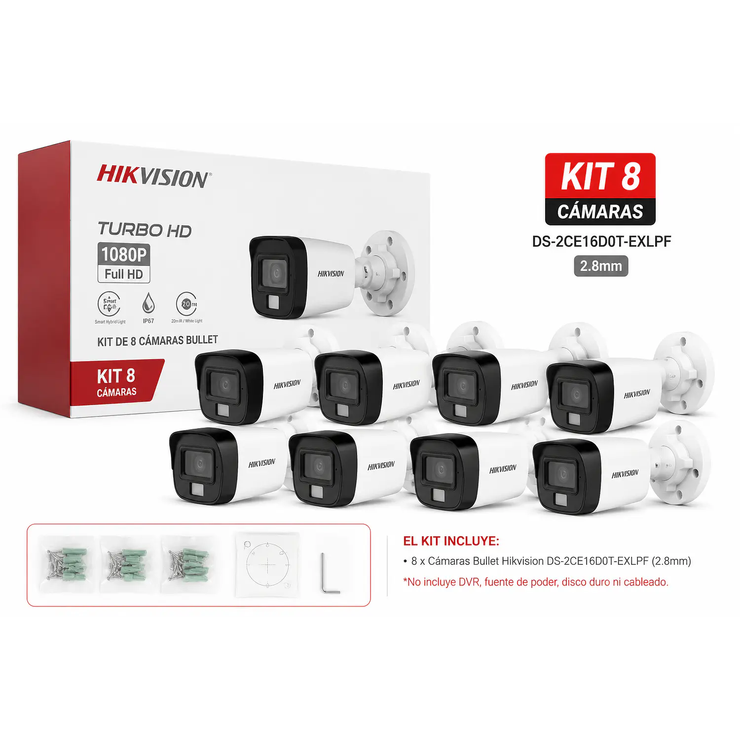 Hikvision DS-2CE16D0T-EXLPF, Kit 8 Cámaras Bullet 2MP, 2.8mm, Luz Híbrida, IP67 1
