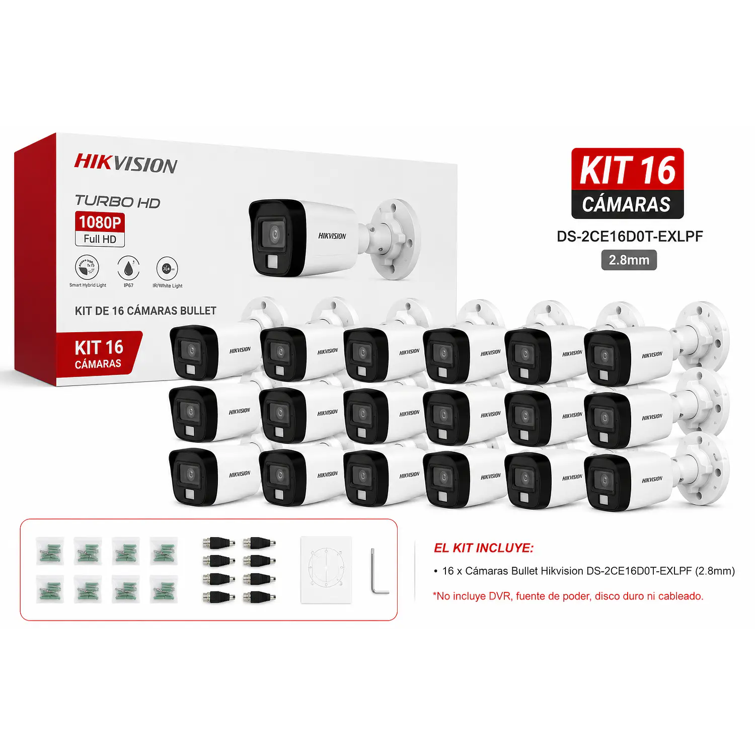 Hikvision DS-2CE16D0T-EXLPF, Kit 16 Cámaras Bullet 2MP, 2.8mm, Luz Híbrida, IP67 1