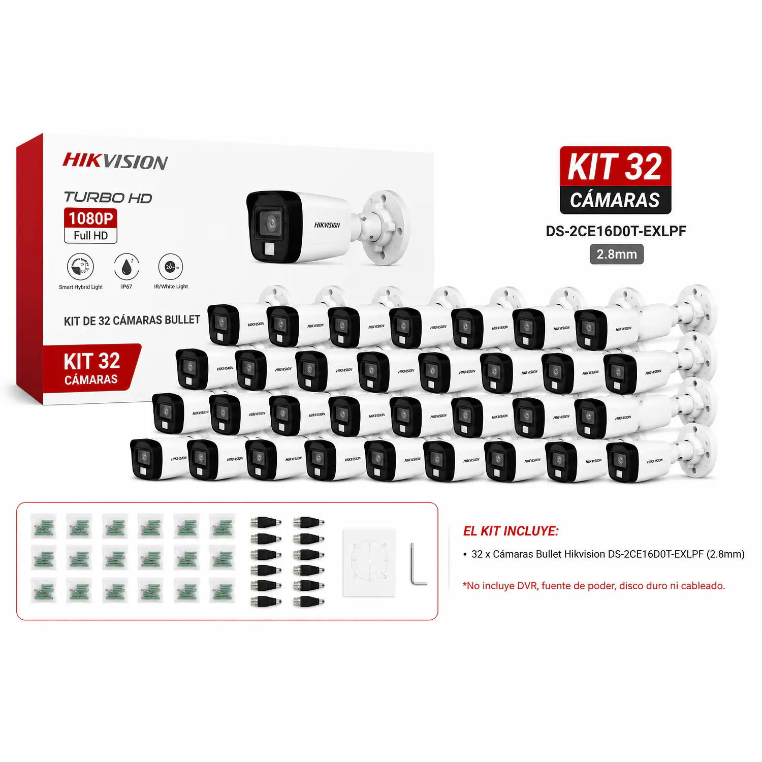 Hikvision DS-2CE16D0T-EXLPF, Kit 32 Cámaras Bullet 2MP, 2.8mm, Luz Híbrida, IP67 1