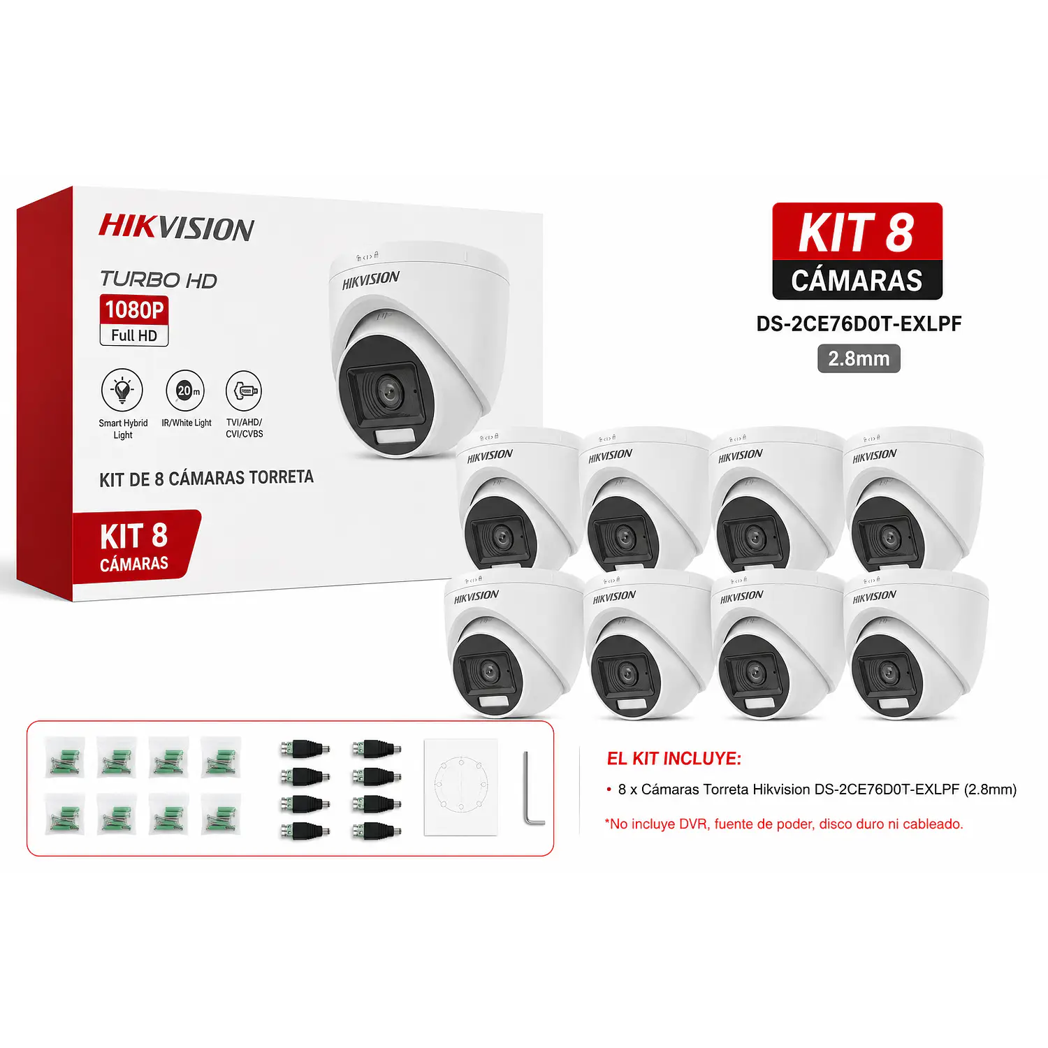 Hikvision DS-2CE76D0T-EXLPF, Kit 8 Cámaras Torreta 2MP, 2.8mm, Luz Híbrida, Interior 1