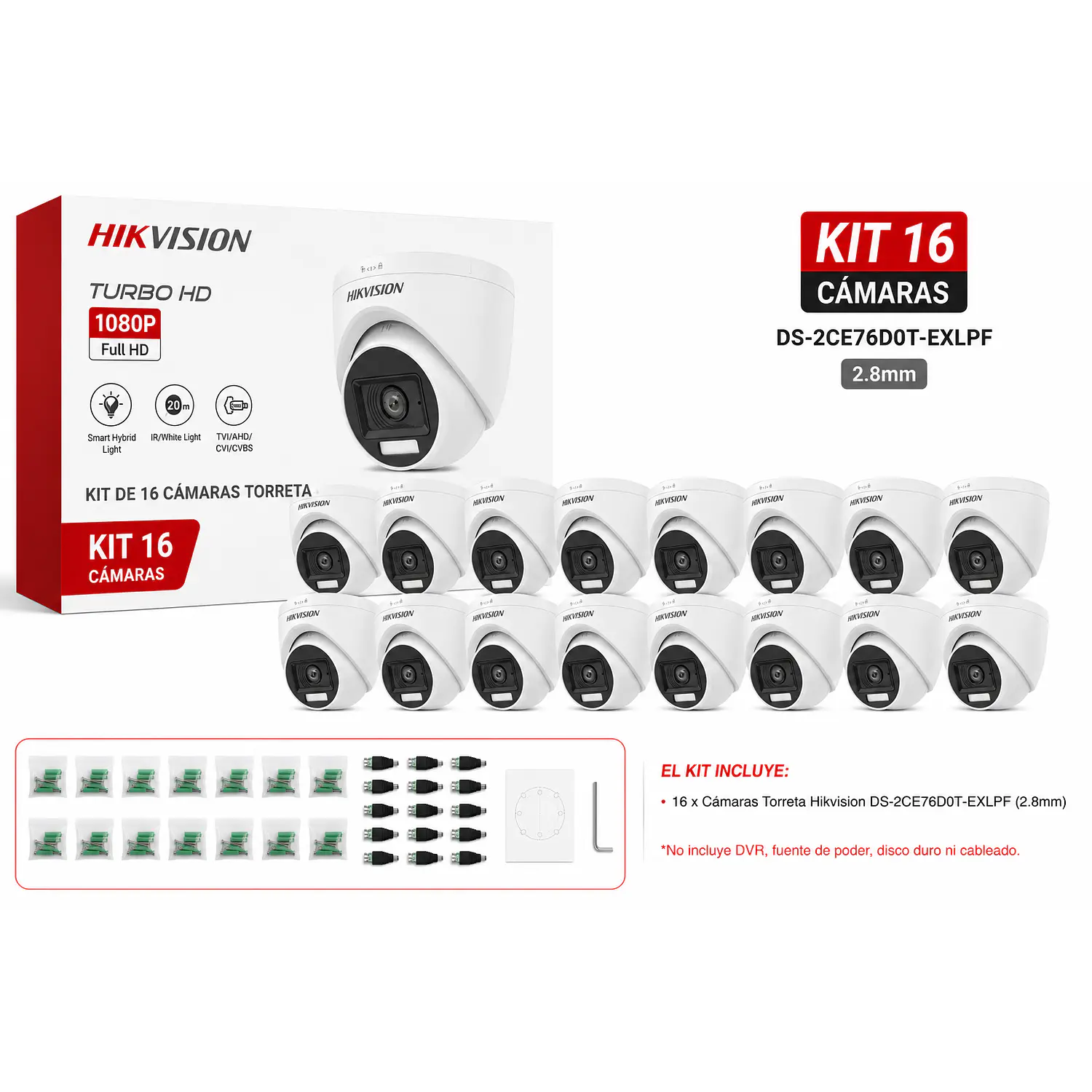 Hikvision DS-2CE76D0T-EXLPF, Kit 16 Cámaras Torreta 2MP, 2.8mm, Luz Híbrida, Interior 1