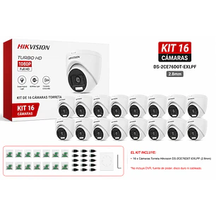 Hikvision DS-2CE76D0T-EXLPF, Kit 16 Cámaras Torreta 2MP, 2.8mm, Luz Híbrida, Interior