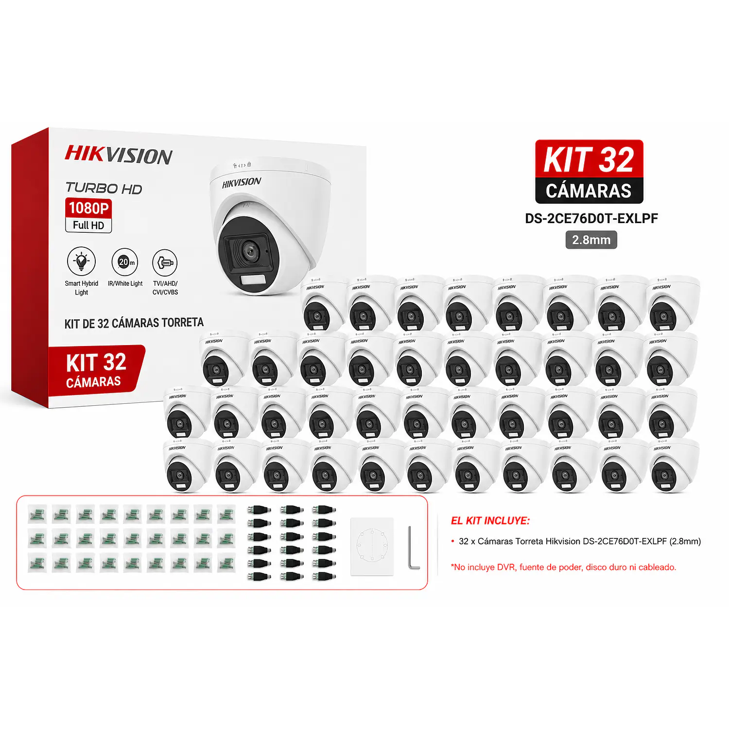 Hikvision DS-2CE76D0T-EXLPF, Kit 32 Cámaras Torreta 2MP, 2.8mm, Luz Híbrida, Interior 1