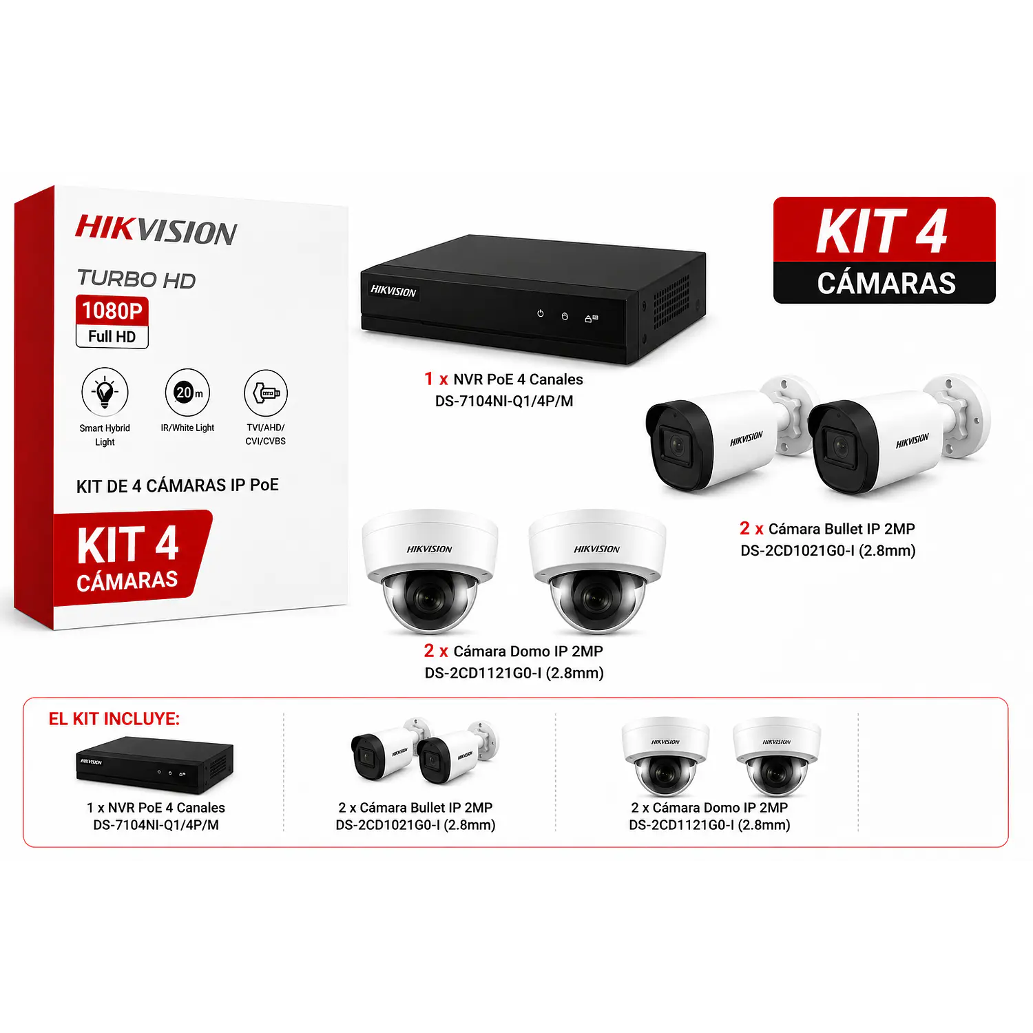 Hikvision KT036XCL90, Kit NVR PoE 4 Canales + 2 Bullet + 2 Domo IP 2MP, 2.8mm, Hasta 6TB 1