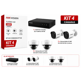 Hikvision KT036XCL90, Kit NVR PoE 4 Canales + 2 Bullet + 2 Domo IP 2MP, 2.8mm, Hasta 6TB