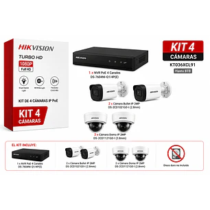 Hikvision KT036XCL91, Kit NVR PoE 4 Canales + 2 Bullet + 2 Domo IP 2MP, 2.8mm, Hasta 8TB