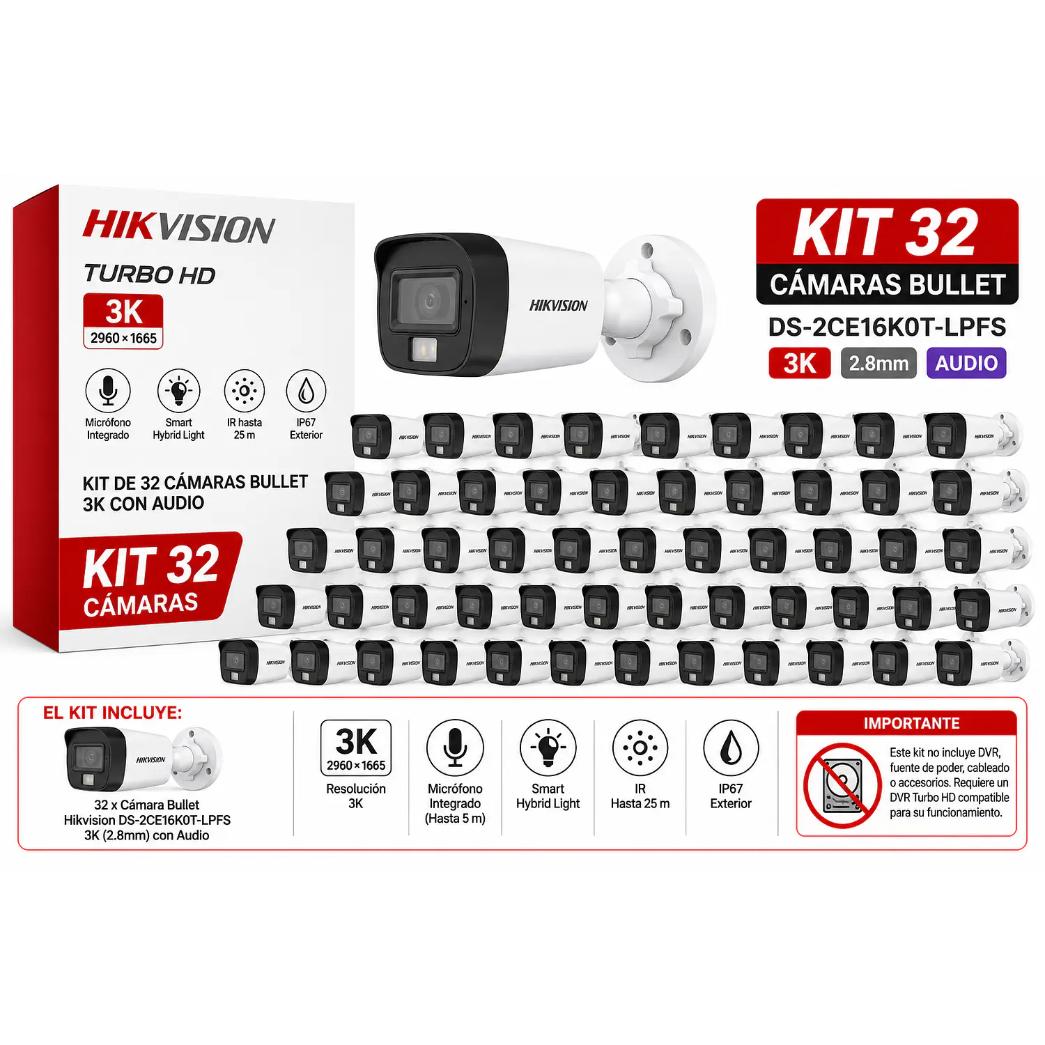 Hikvision DS-2CE16K0T-LPFS, Kit 32 Cámaras Bullet 3K, 2.8mm, Audio, Luz Híbrida, IP67