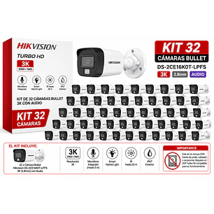 Hikvision DS-2CE16K0T-LPFS, Kit 32 Cámaras Bullet 3K, 2.8mm, Audio, Luz Híbrida, IP67