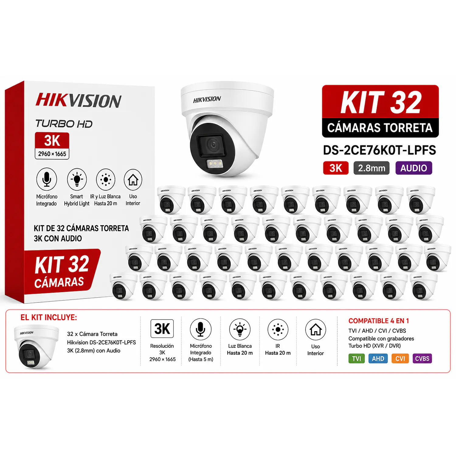 Hikvision DS-2CE76K0T-LPFS, Kit 32 Cámaras Torreta 3K, 2.8mm, Audio, Luz Híbrida, Interior
