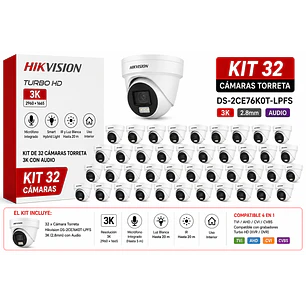 Hikvision DS-2CE76K0T-LPFS, Kit 32 Cámaras Torreta 3K, 2.8mm, Audio, Luz Híbrida, Interior
