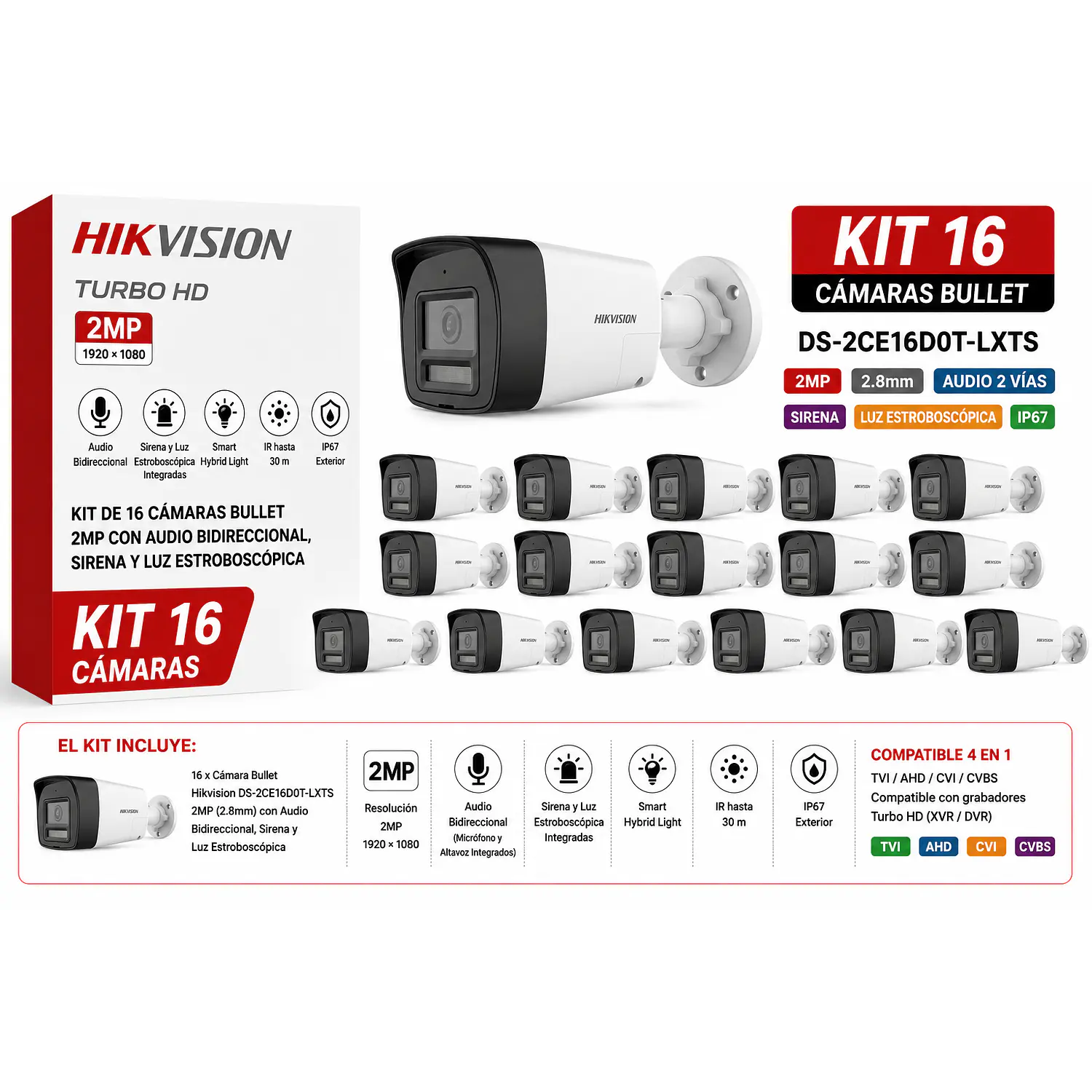 Hikvision KT036XCL99, Kit 16 Cámaras Bullet 2MP, 2.8mm, Audio Bidireccional, Sirena, IP67