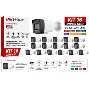 Hikvision KT036XCL99, Kit 16 Cámaras Bullet 2MP, 2.8mm, Audio Bidireccional, Sirena, IP67