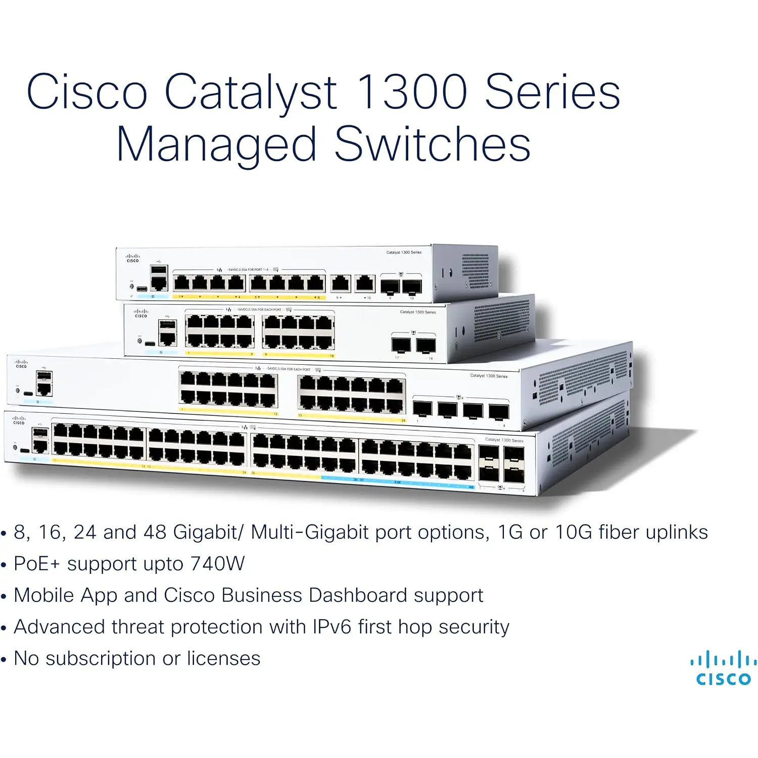 Cisco Catalyst C1300-8P-E-2G, Switch L3, 8 Puertos Gigabit PoE+, 2 Combo RJ45 SFP, 67W, 20Gbps 3