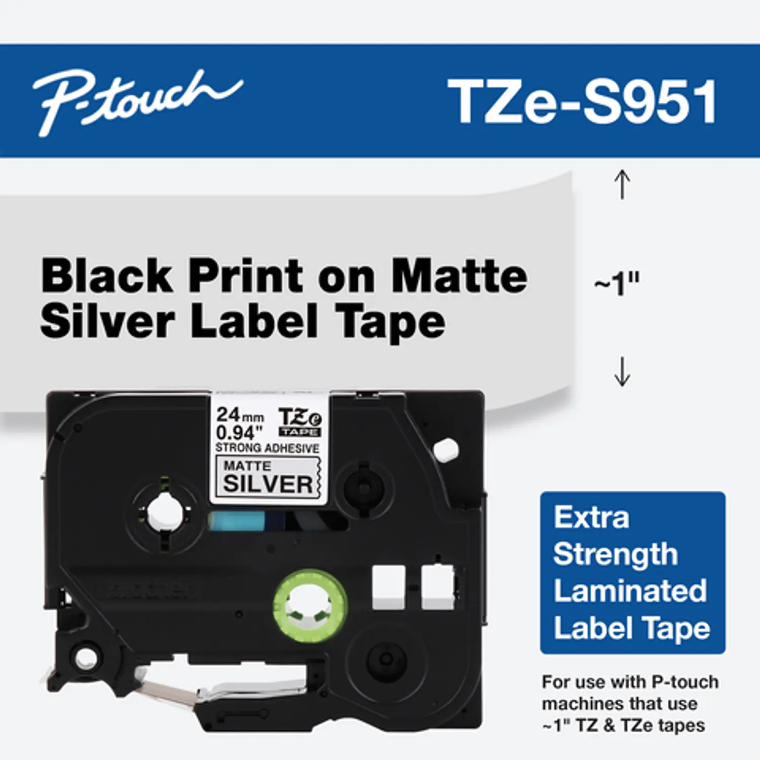 Brother TZe-SM951 TZESM951, Cinta Laminada Adhesivo Fuerte, Negro sobre Plateado Mate, 24 mm x 8 m