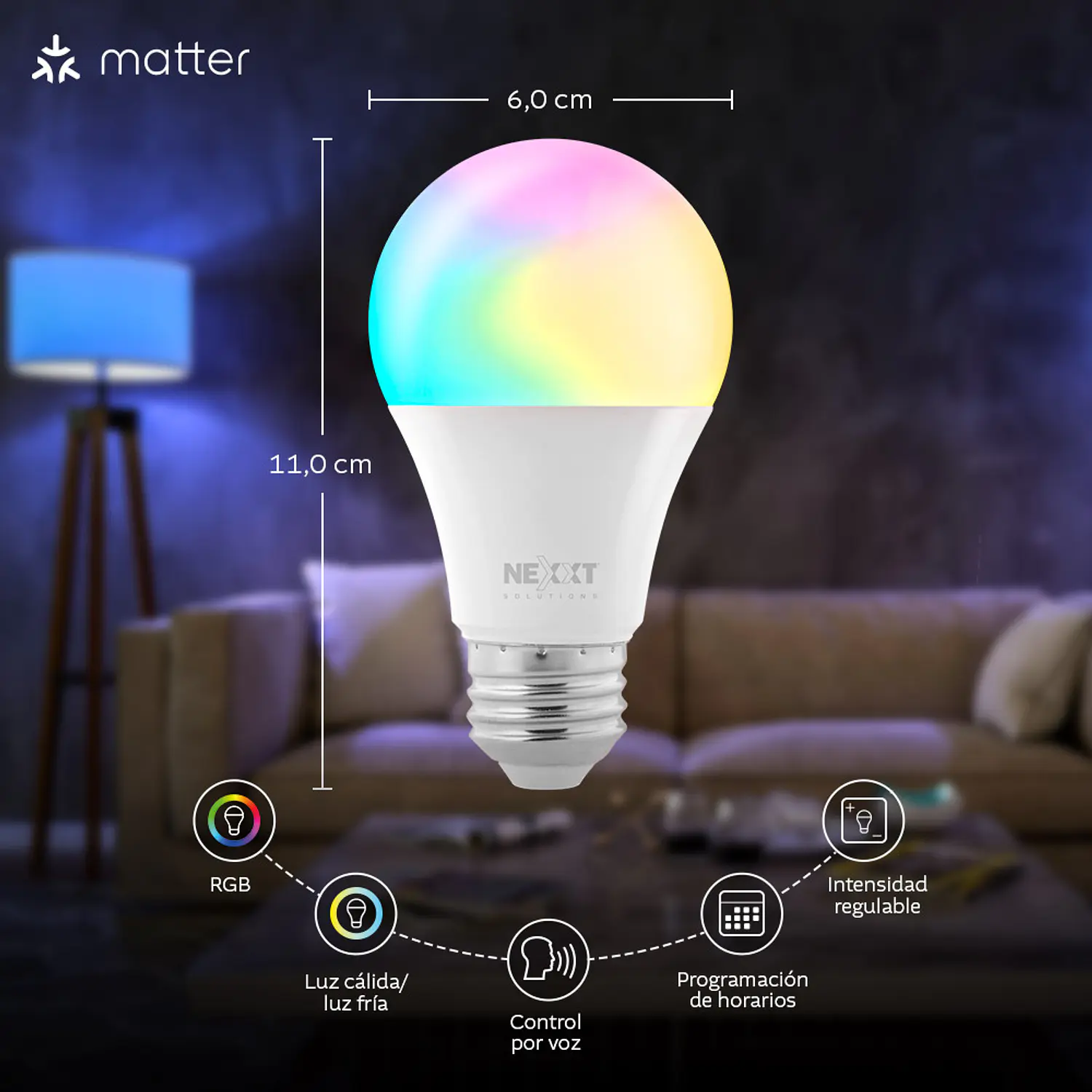Nexxt Home NHB-C120M Ampolleta LED Inteligente WiFi RGB 9W 800lm, 220V, Matter, E26/E27 6