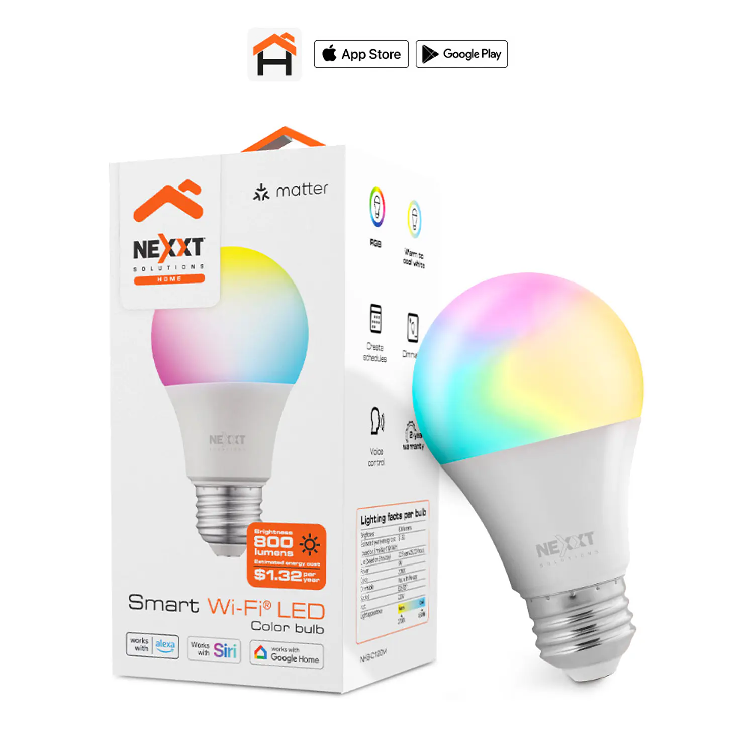 Nexxt Home NHB-C120M Ampolleta LED Inteligente WiFi RGB 9W 800lm, 220V, Matter, E26/E27 1