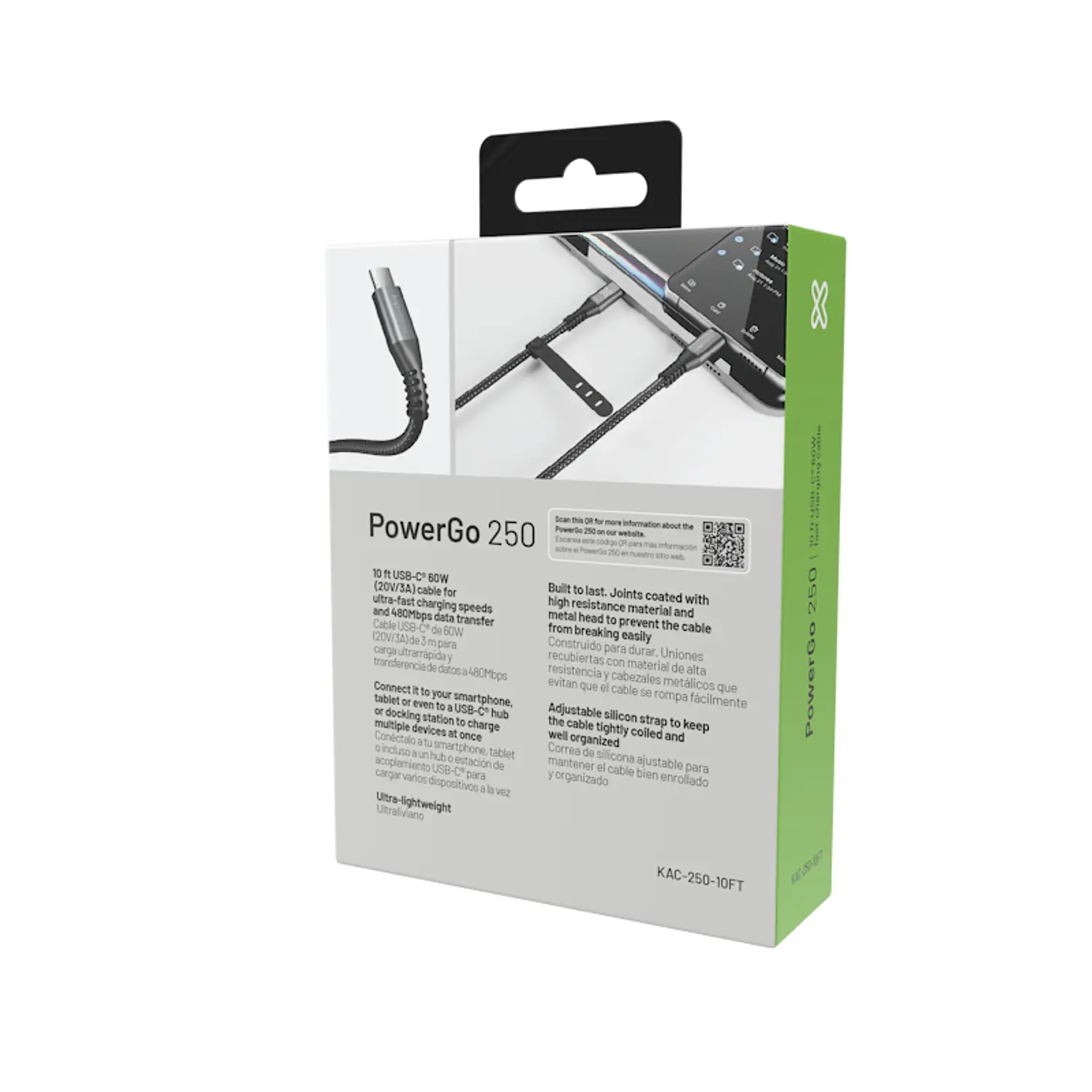 Klip Xtreme PowerGo 250 KAC-250-6FT, Cable USB-C a USB-C 1.8m, 60W, 480Mbps, Trenzado, Negro 7