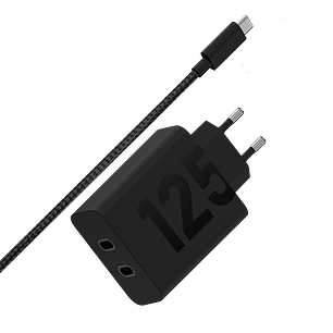 Motorola TurboPower 125W Duo, Cargador GaN 2x USB-C, Carga Rápida, Cable 2 m, Negro