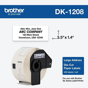Brother DK1208, Etiquetas Grandes de Dirección 38 x 90,3 mm, Papel Blanco Adhesivo, 400 Unidades