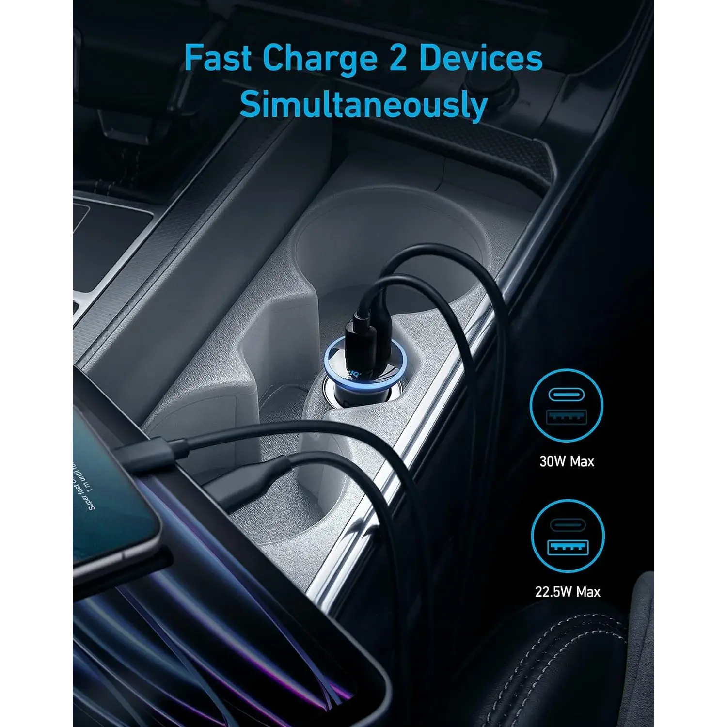 Anker 323 A2735H11, Cargador para Auto 52.5W, USB-C 30W + USB-A 22.5W, ActiveShield 2.0 5