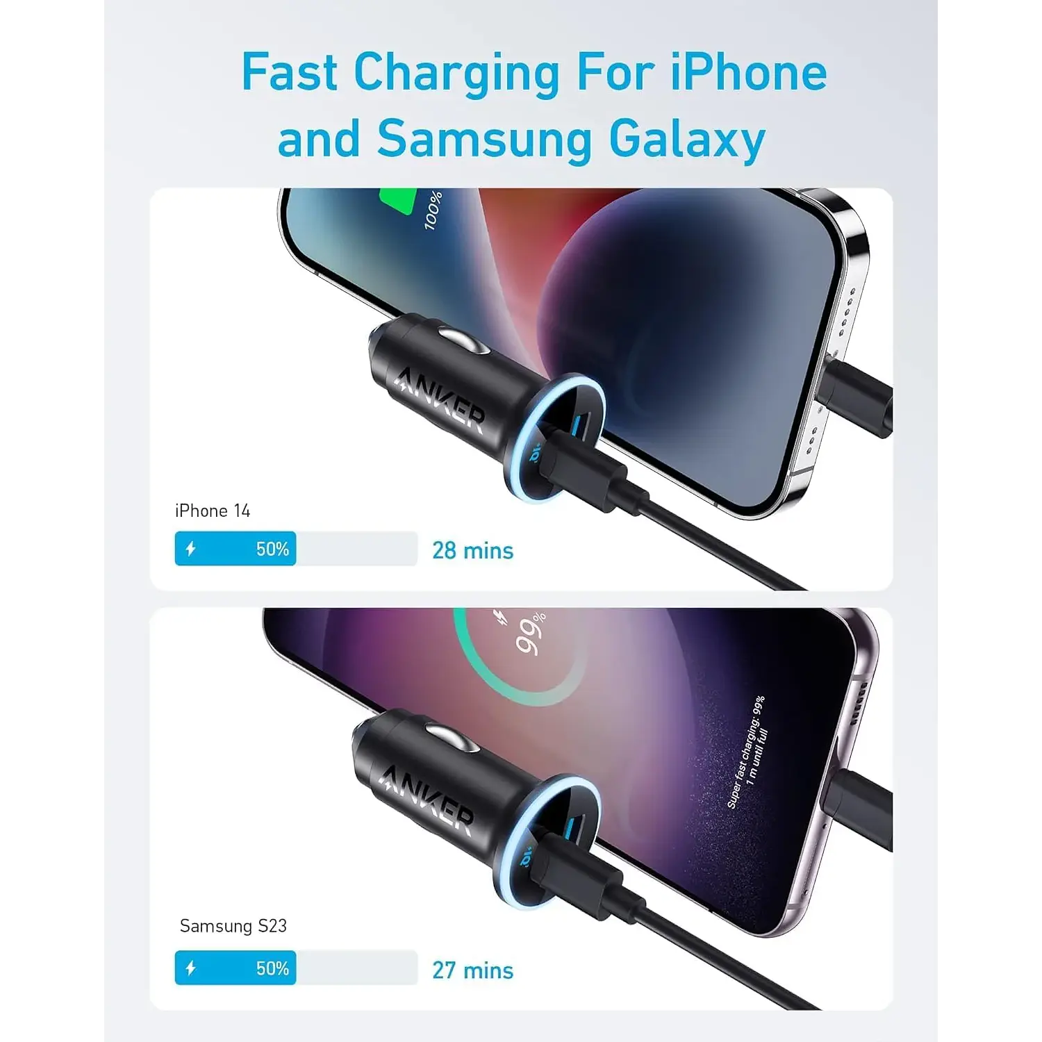Anker 323 A2735H11, Cargador para Auto 52.5W, USB-C 30W + USB-A 22.5W, ActiveShield 2.0 6
