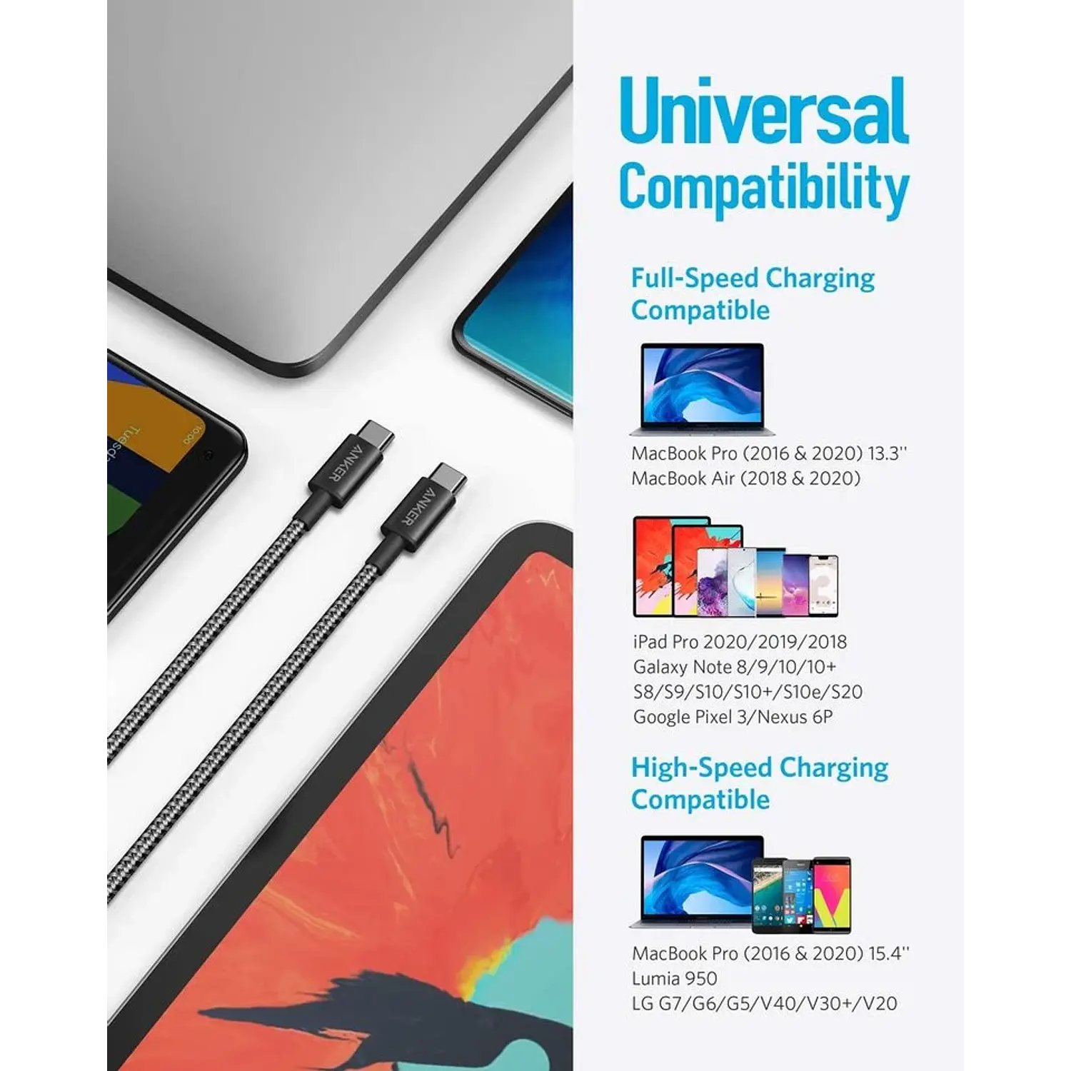 Anker A8753H11, Cable USB-C a USB-C 1,8m, 60W Power Delivery, 480Mbps, Nylon Trenzado, Negro 5