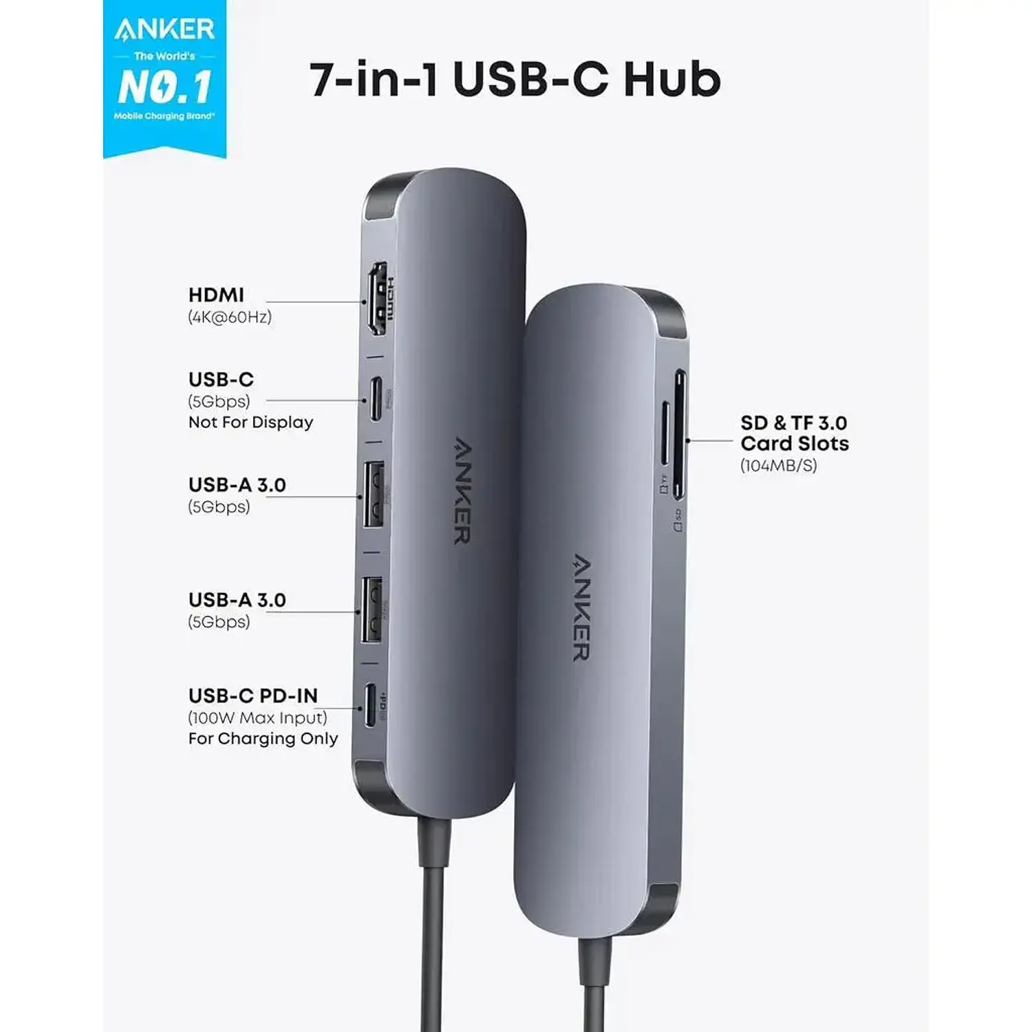 Anker Nano A83D2HA1, Hub USB-C 7 en 1, HDMI 4K 60Hz, 5Gbps, PD 85W, SD/microSD, Plateado 2